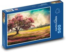 Kvetoucí růžový strom za městem Puzzle 500 - 46x30 cm