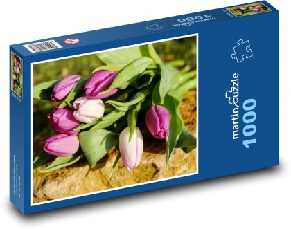 Tulipány - jarná kytica, ružové kvety - Puzzle 1000 dielikov, rozmer 60x46 cm
