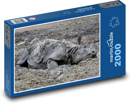 Nosorožec - bahno, koupel - Puzzle 2000 dílků, rozměr 90x60 cm