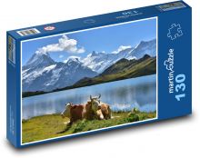 Góry, jezioro, krowy Puzzle 130 elementów - 28,7x20 cm