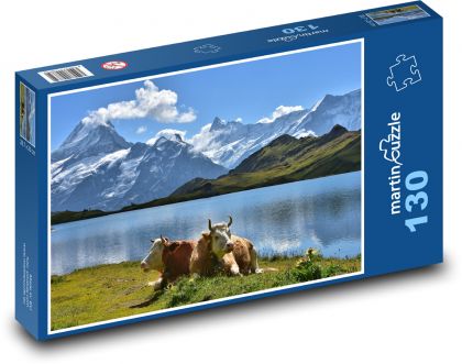 Góry, jezioro, krowy - Puzzle 130 elementów, rozmiar 28,7x20 cm