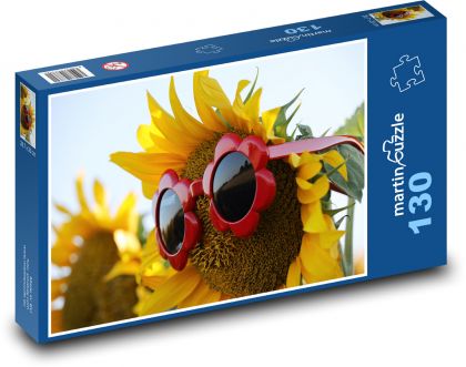 Słoneczniki - kwiaty, okulary przeciwsłoneczne - Puzzle 130 elementów, rozmiar 28,7x20 cm
