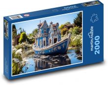 Modrá loď na rybníku Puzzle 2000 dílků - 90 x 60 cm