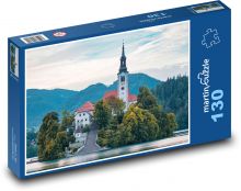 Slovinsko - jezero Bled, kostel Puzzle 130 dílků - 28,7 x 20 cm