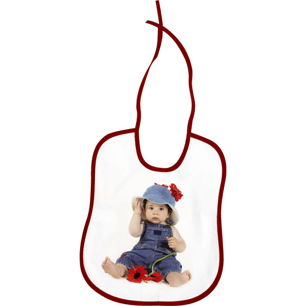 Bib - a red hem, a cute gift for a baby with a personal photo for pleasure