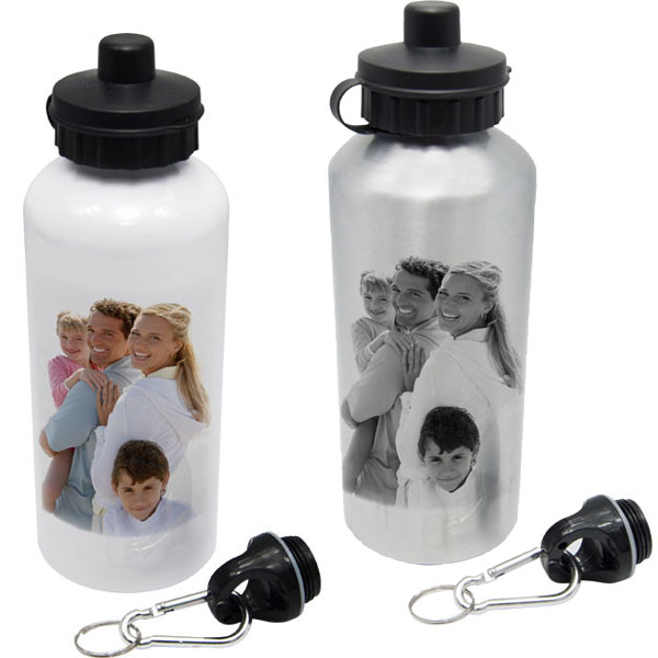 Sport-Trinkflaschen aus Aluminium, weiß oder silbern, 1x Fotodruck