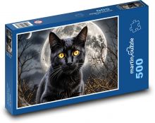 Černá kočka a svítící měsíc Puzzle 500 - 46x30 cm