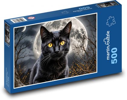 Černá kočka a svítící měsíc - puzzle 500 dílků