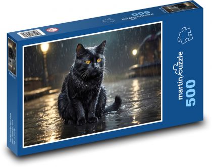 Čierna mačka v daždi na ulici - Puzzle 500 dielikov, rozmer 46x30 cm 