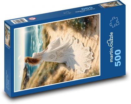 Žena na pláži u moře - puzzle 500 dílků