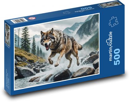 A wolf running in a wild river - Puzzle of 500 pieces, size 46x30 cm 