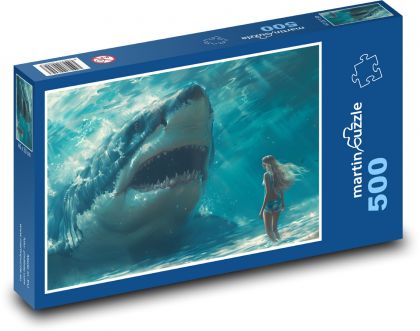 Kobieta z rekinem w morzu - Puzzle 500 elementów, rozmiar 46x30 cm