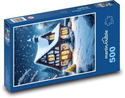 Dům v zimní vánoční krajině - puzzle 500 dílků
