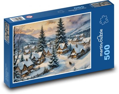 Zima w zaśnieżonej wiosce - Puzzle 500 elementów, rozmiar 46x30 cm