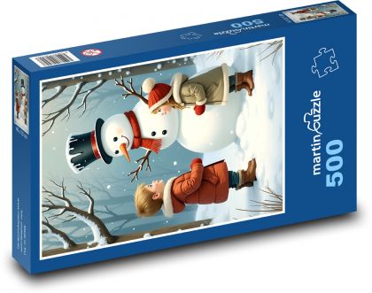 Children with a snowman in the forest - Puzzle of 500 pieces, size 46x30 cm 