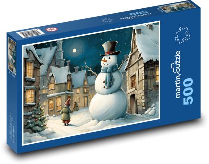 Mesto v zime so snehuliakom - Puzzle 500 dielikov, rozmer 46x30 cm 