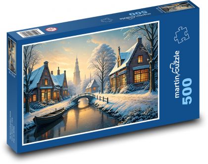 Řeka v zasněženém městě - Puzzle 500 dílků, rozměr 46x30 cm