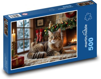 A cat by the fireplace at Christmas - Puzzle of 500 pieces, size 46x30 cm 