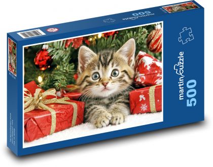 Mały kotek z prezentami świątecznymi - Puzzle 500 elementów, rozmiar 46x30 cm