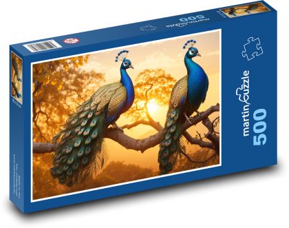 Pfauen auf einem Baum bei Sonnenuntergang - Puzzle - 500 Teile