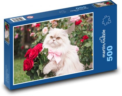 Biela mačka s kyticou ruží k narodeninám - Puzzle 500 dielikov, rozmer 46x30 cm 