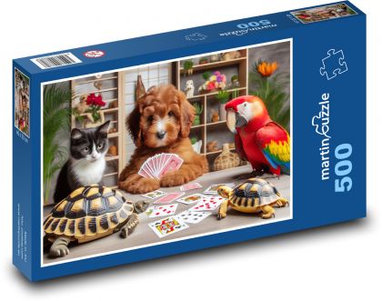 Karty do zabawy w kotka, psa, ara i żółwia - Puzzle 500 elementów, rozmiar 46x30 cm