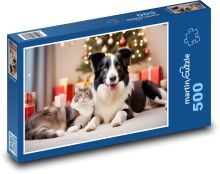 Eine Katze und ein Hund am Weihnachtsbaum Puzzle 500 Teile - 46 x 30 cm