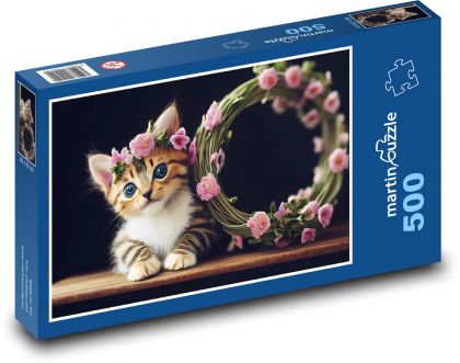 Kleine Katze mit rosa Blüten - Puzzle - 500 Teile