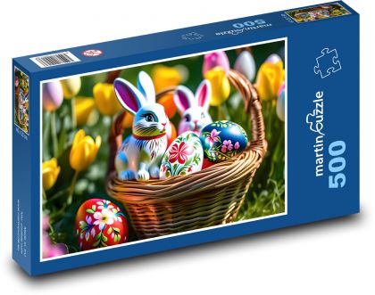 Veľkonočný kôš s veľkonočnými vajíčkami a králikmi - Puzzle 500 dielikov, rozmer 46x30 cm 
