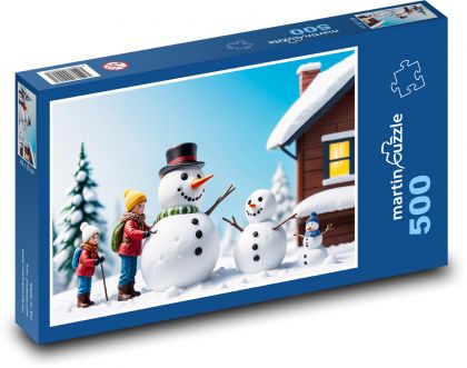 Bałwany i dzieci zimą - Puzzle 500 elementów, rozmiar 46x30 cm