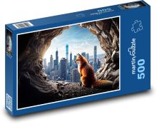 Ein Fuchs in einer Höhle mit Blick auf die Stadt Puzzle 500 Teile - 46 x 30 cm