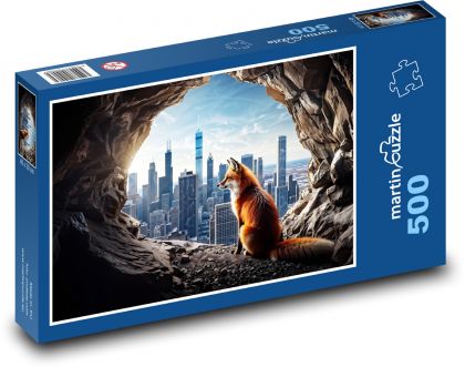 Líška v jaskyni, ktorá sa pozerá na mesto - Puzzle 500 dielikov, rozmer 46x30 cm 