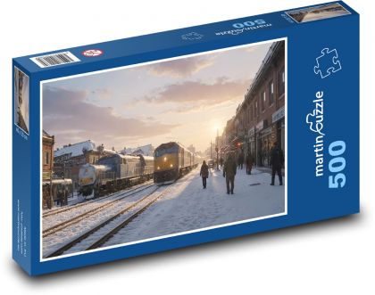 Pociągi na zaśnieżonej stacji - Puzzle 500 elementów, rozmiar 46x30 cm