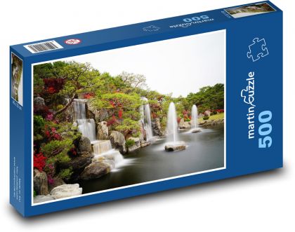 Azalka - vodopád, červené kvety - Puzzle 500 dielikov, rozmer 46x30 cm 