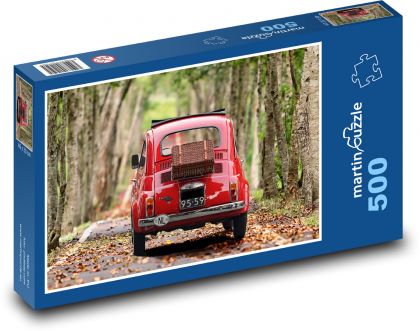 Fiat 500 - červené auto, les - Puzzle 500 dielikov, rozmer 46x30 cm 