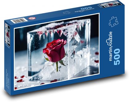 Czerwona róża w kostce lodu - Puzzle 500 elementów, rozmiar 46x30 cm