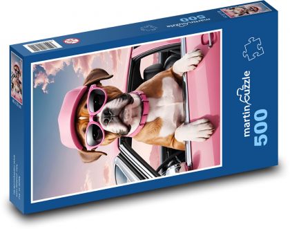Boxerský pes v ružovom aute - Puzzle 500 dielikov, rozmer 46x30 cm 