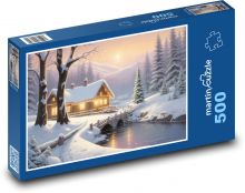 Dům v zasněžené přírodě Puzzle 500 - 46x30 cm