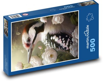 Woodpecker in white roses - Puzzle of 500 pieces, size 46x30 cm 
