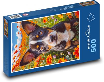 Pes - oranžové květiny - puzzle 500 dílků