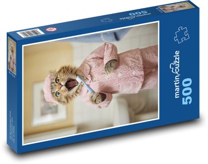 Kočka si čistí zuby v koupelně - puzzle 500 dílků