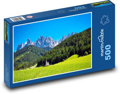Val di Funes - kościół, Włochy - Puzzle 500 elementów, rozmiar 46x30 cm