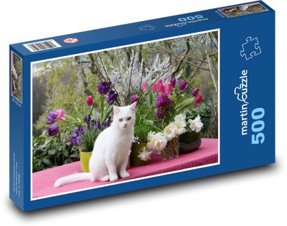 White cat with flowers - Puzzle of 500 pieces, size 46x30 cm 