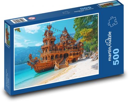 Dřevěná loď - dům - puzzle 500 dílků