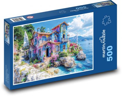 Farebný dom pri mori - Puzzle 500 dielikov, rozmer 46x30 cm 