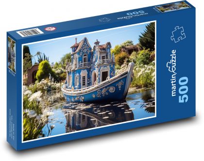 Modrá loď na rybníku - puzzle 500 dílků