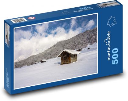 Sneh - drevený prístrešok - Puzzle 500 dielikov, rozmer 46x30 cm 