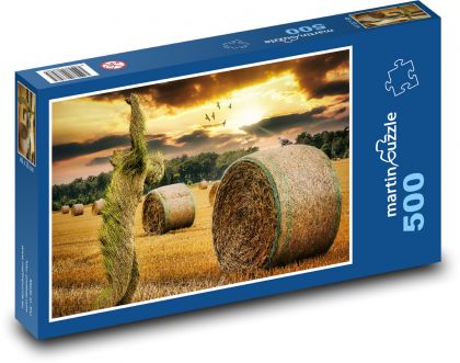 Zachód słońca - pole, bela siana - Puzzle 500 elementów, rozmiar 46x30 cm