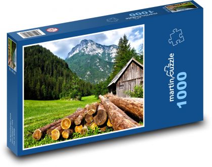 Horská krajina, drevená chata - Puzzle 1000 dielikov, rozmer 60x46 cm
