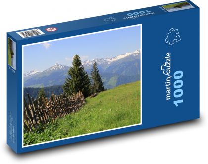 Jarná horská lúka s výhľadom na Alpy - Puzzle 1000 dielikov, rozmer 60x46 cm